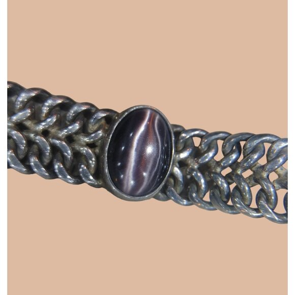 Sterling Silver Mexico Bracelet Simulated Purple Cats Eye Gemstone 925 Jewelry - Picture 2 of 16